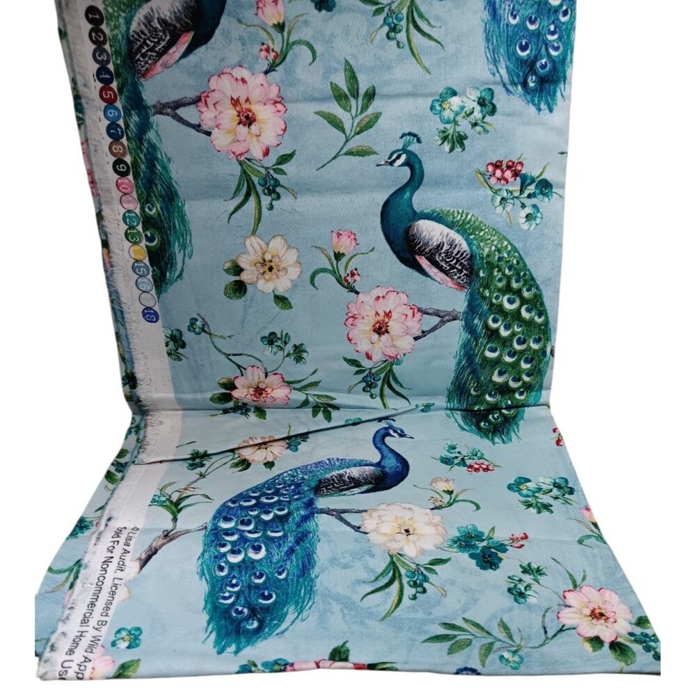 Sewing Fabric Blue Peacock & Peony Flowers 1.4  yd x 44" David Textiles Crafts
